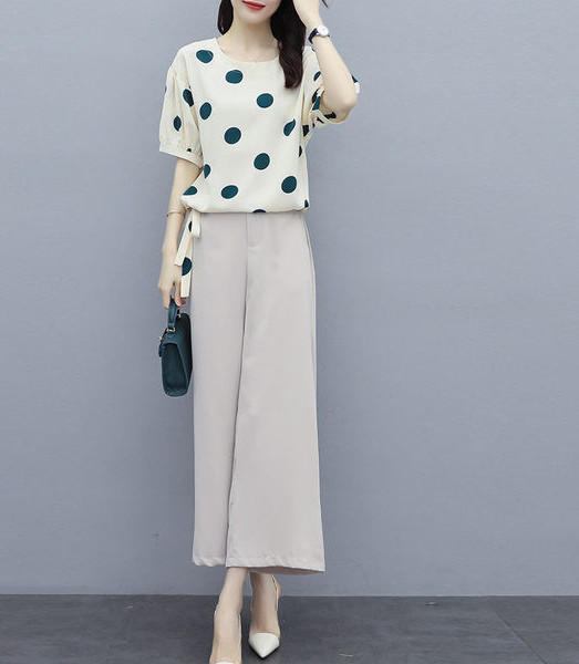 Γυναικείο casual σετ - σιφόν πουκάμισο και φαρδύ παντελόνι