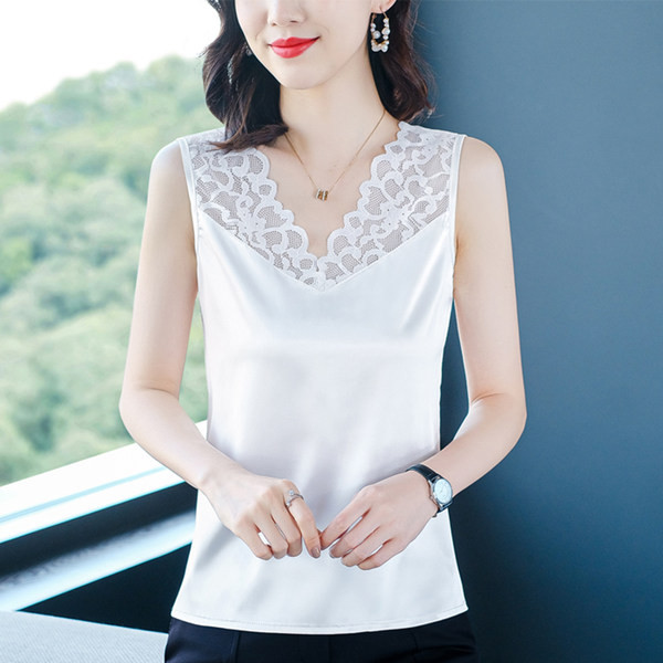 Naiste satiinist topp pitsi ja spitsikaelusega