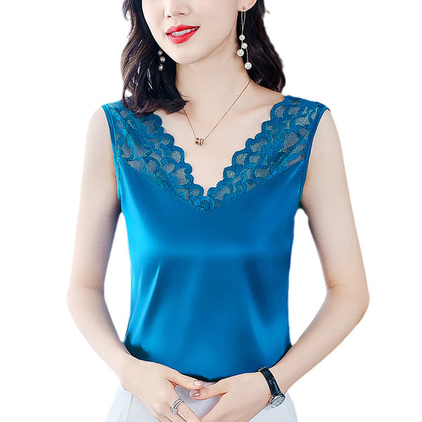 Naiste satiinist topp pitsi ja spitsikaelusega