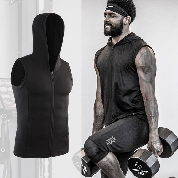 Muška majica bez rukava s kapuljačom i patentnim zatvaračem u crnoj i sivoj boji