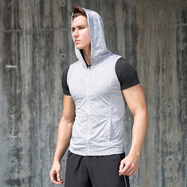 Muška majica bez rukava s kapuljačom i patentnim zatvaračem u crnoj i sivoj boji