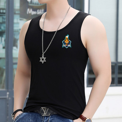 Памучен мъжки потник с цветна щампа и овално деколте