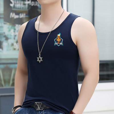 Памучен мъжки потник с цветна щампа и овално деколте