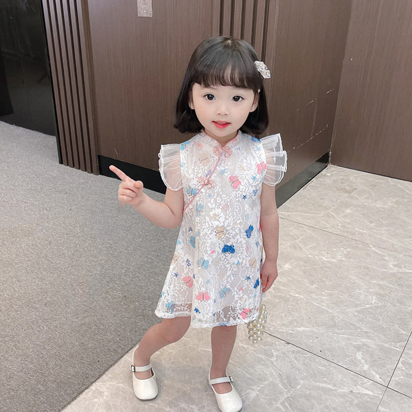 Μοντέρνο παιδικό δαντελένιο φόρεμα με κοντά μανίκια