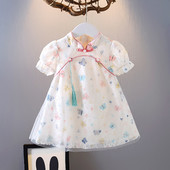 Lühikeste varrukatega pärlitega kaunistustega lastekleit