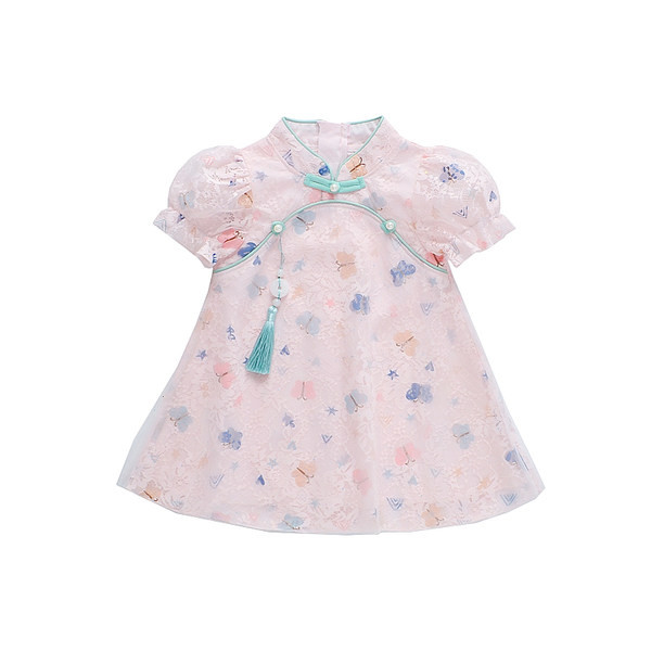 Lühikeste varrukatega pärlitega kaunistustega lastekleit