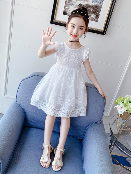 Vaikiška nėriniuota suknelė trumpomis rankovėmis ir siuvinėjimu