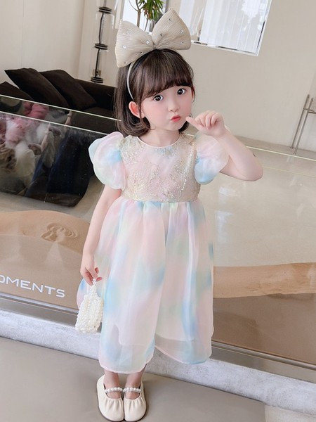 Рокля с къс ръкав за момичета с преливащи се цветове