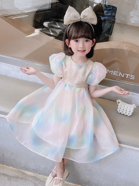 Рокля с къс ръкав за момичета с преливащи се цветове