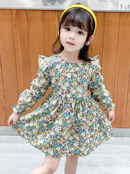 Детска рокля за момичета с дълъг ръкав и цветя 