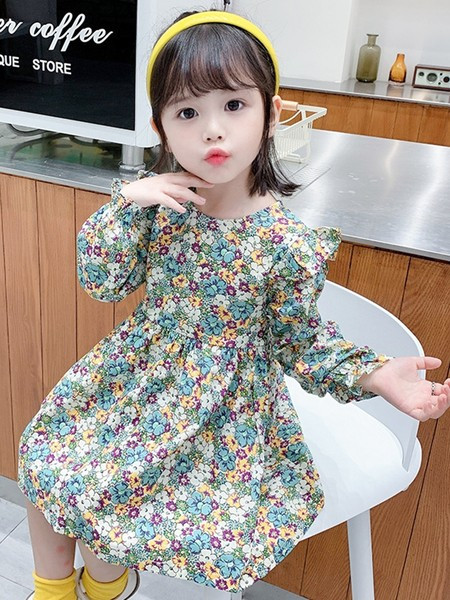 Детска рокля за момичета с дълъг ръкав и цветя 