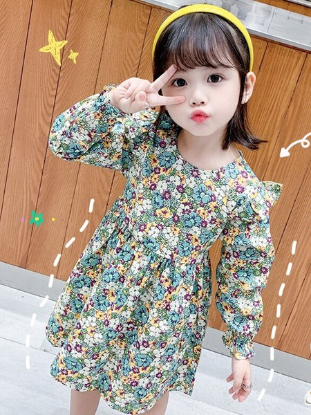 Детска рокля за момичета с дълъг ръкав и цветя 