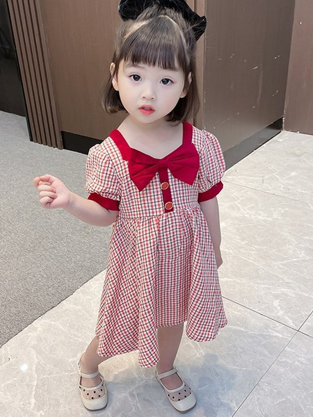 Лятна карирана рокля за момичета с панделка 