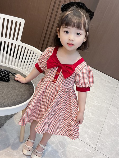 Лятна карирана рокля за момичета с панделка 