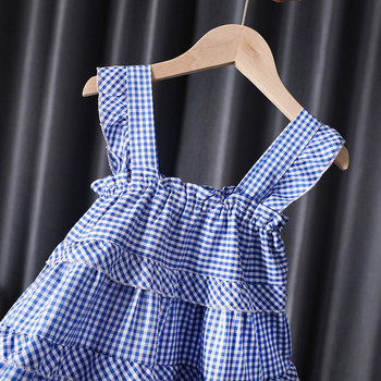Καρό παιδικό φόρεμα σε μπλε χρώμα κατάλληλο για το καλοκαίρι