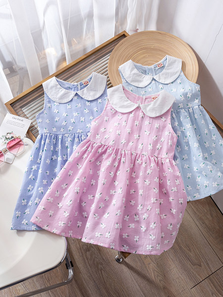 Детска рокля с обло деколте и флорален десен - два цвята