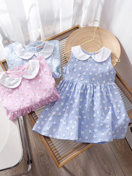 Детска рокля с обло деколте и флорален десен - два цвята