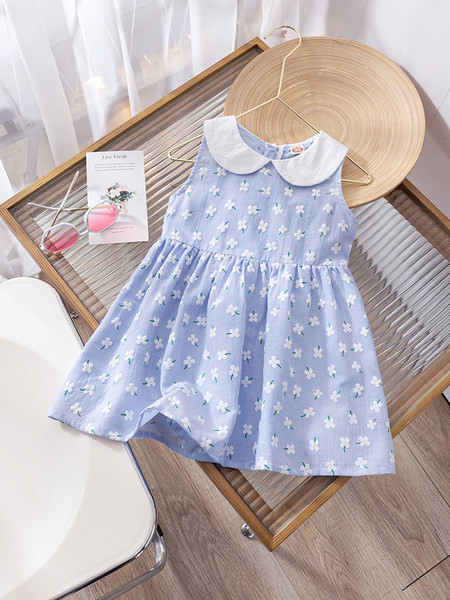 Детска рокля с обло деколте и флорален десен - два цвята