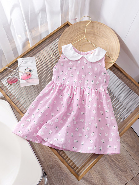 Детска рокля с обло деколте и флорален десен - два цвята