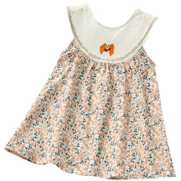 Детска флорална рокля с бродерия и овално деколте 