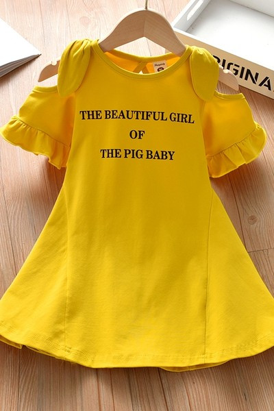 Kollase värvi ümmarguse kaelusega vabaaja lastekleit