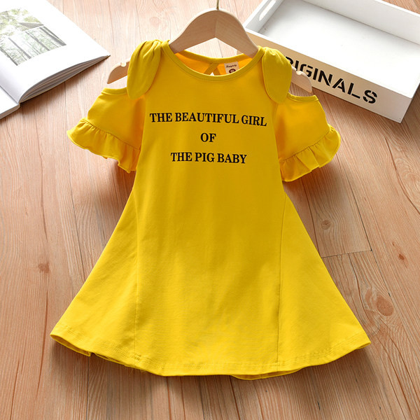 Kollase värvi ümmarguse kaelusega vabaaja lastekleit