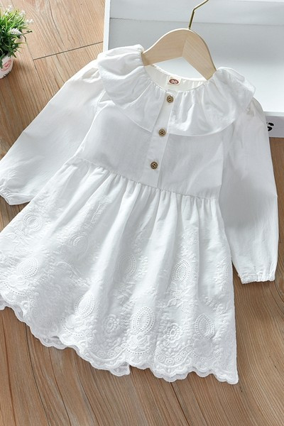 Uue mudeli nööpide ja pikkade varrukatega lastekleit - valget värvi