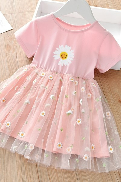 Лятна рокля за момичета с цветна щампа и тюл