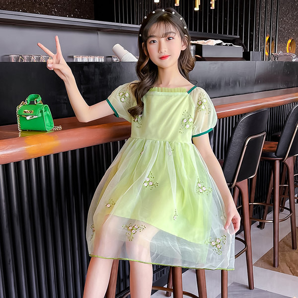 Lühikeste varrukate ja tikandiga lastekleit