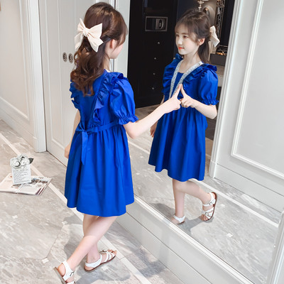 Модерна детска рокля с къдри в син и червен цвят