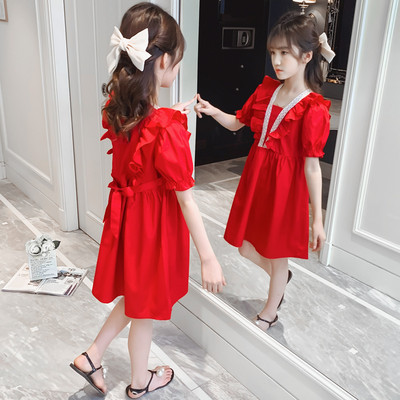 Модерна детска рокля с къдри в син и червен цвят