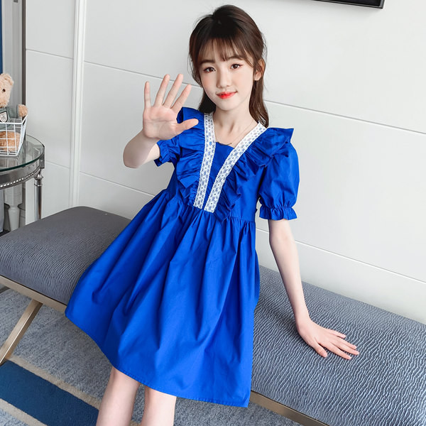 Модерна детска рокля с къдри в син и червен цвят