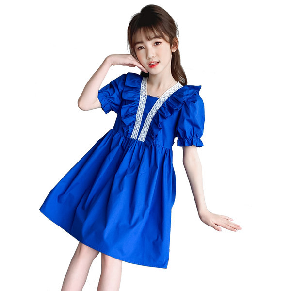 Модерна детска рокля с къдри в син и червен цвят