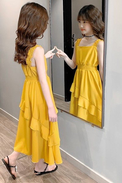 Детска дълга рокля в жълт и розов цвят 