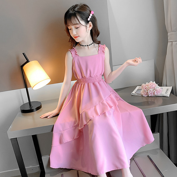 Детска дълга рокля в жълт и розов цвят 