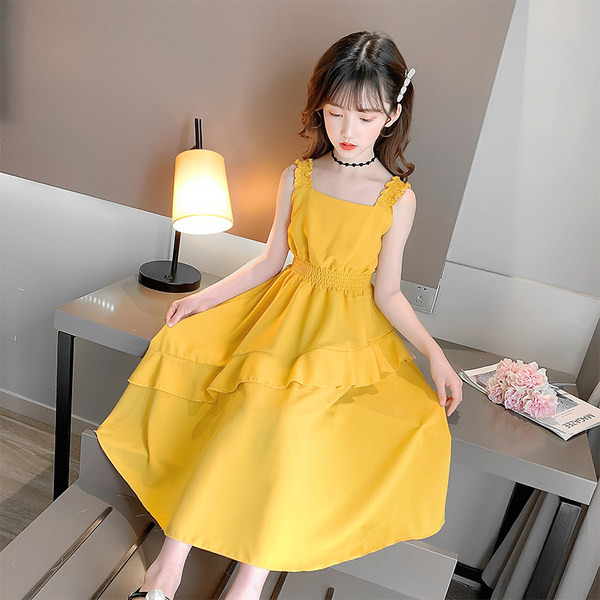 Детска дълга рокля в жълт и розов цвят 