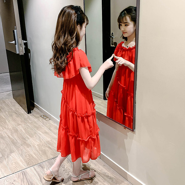 Női hosszú ruha csupasz vállakkal, piros és zöld színben