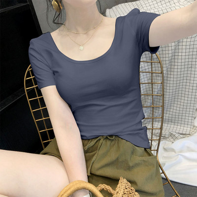 Едноцветна дамска тениска с овално деколте и къс ръкав