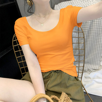 Едноцветна дамска тениска с овално деколте и къс ръкав