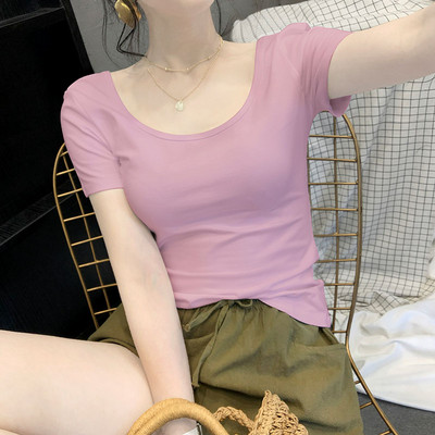 Едноцветна дамска тениска с овално деколте и къс ръкав