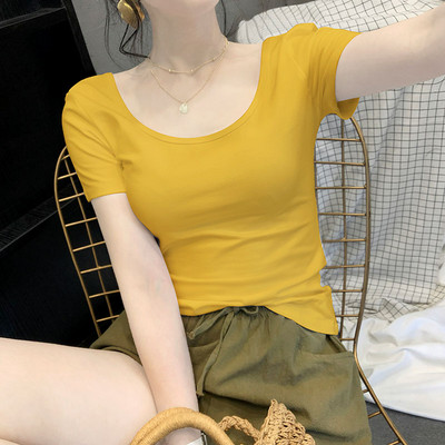 Едноцветна дамска тениска с овално деколте и къс ръкав