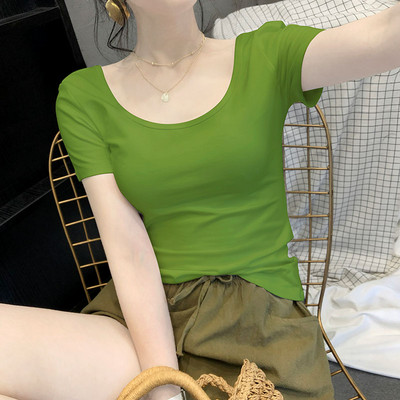 Едноцветна дамска тениска с овално деколте и къс ръкав