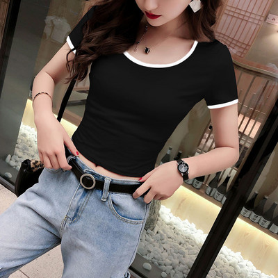 Къса памучна блуза с овално деколте