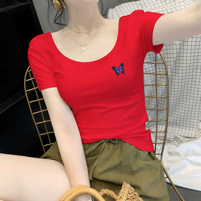 Moteriški marškinėliai su O formos iškirpte ir aplikacijomis