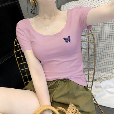 Moteriški marškinėliai su O formos iškirpte ir aplikacijomis