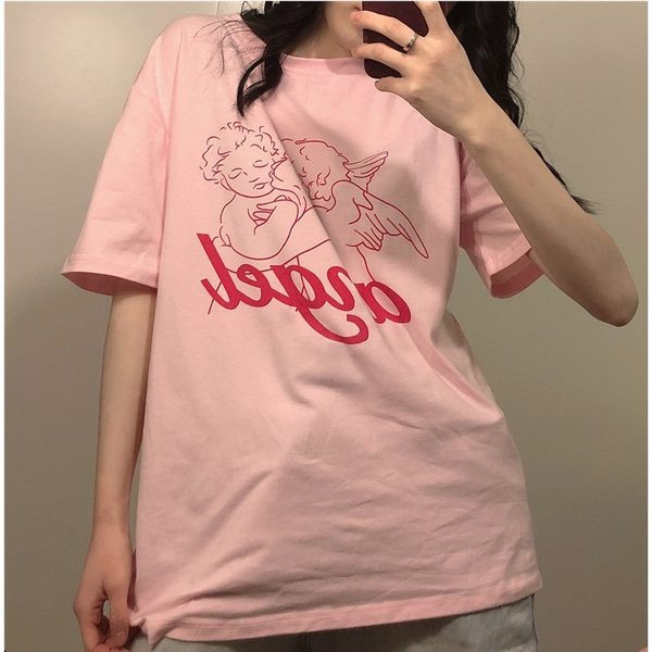 Нов модел дамска тениска с щампа -бял и розов цвят