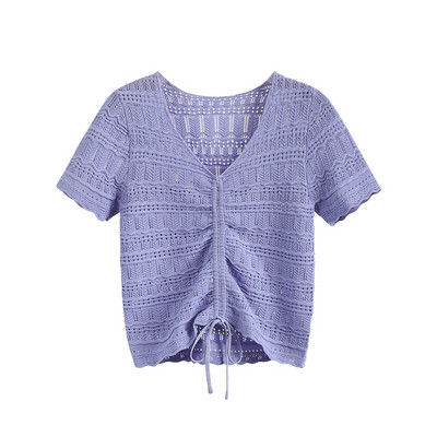 Модерна дамска блуза с шпиц деколте и връзки