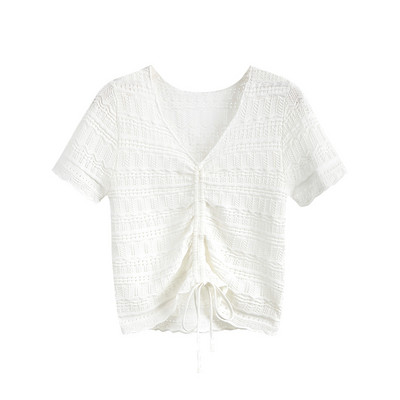 Модерна дамска блуза с шпиц деколте и връзки