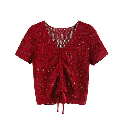 Модерна дамска блуза с шпиц деколте и връзки