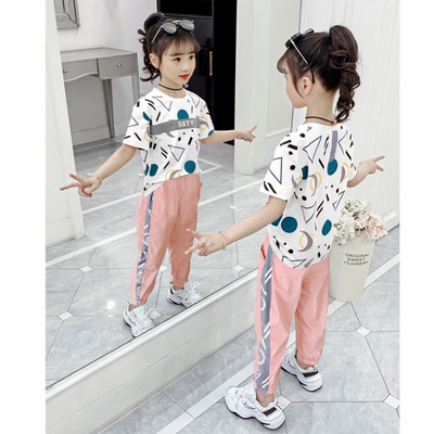 Спортно-ежедневен сет за момичета тениска къс ръкав и долнище с кант